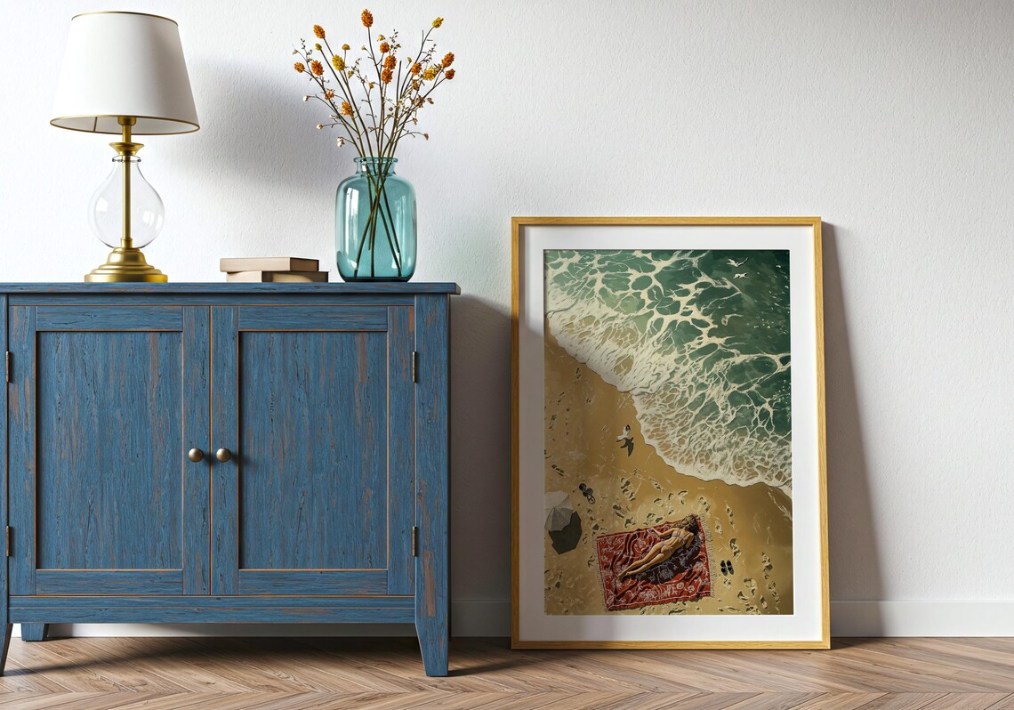 Aerial Beach Sunbather Red Blanket Turquoise Waves Golden Sand Coastal Wall Art - Image 3