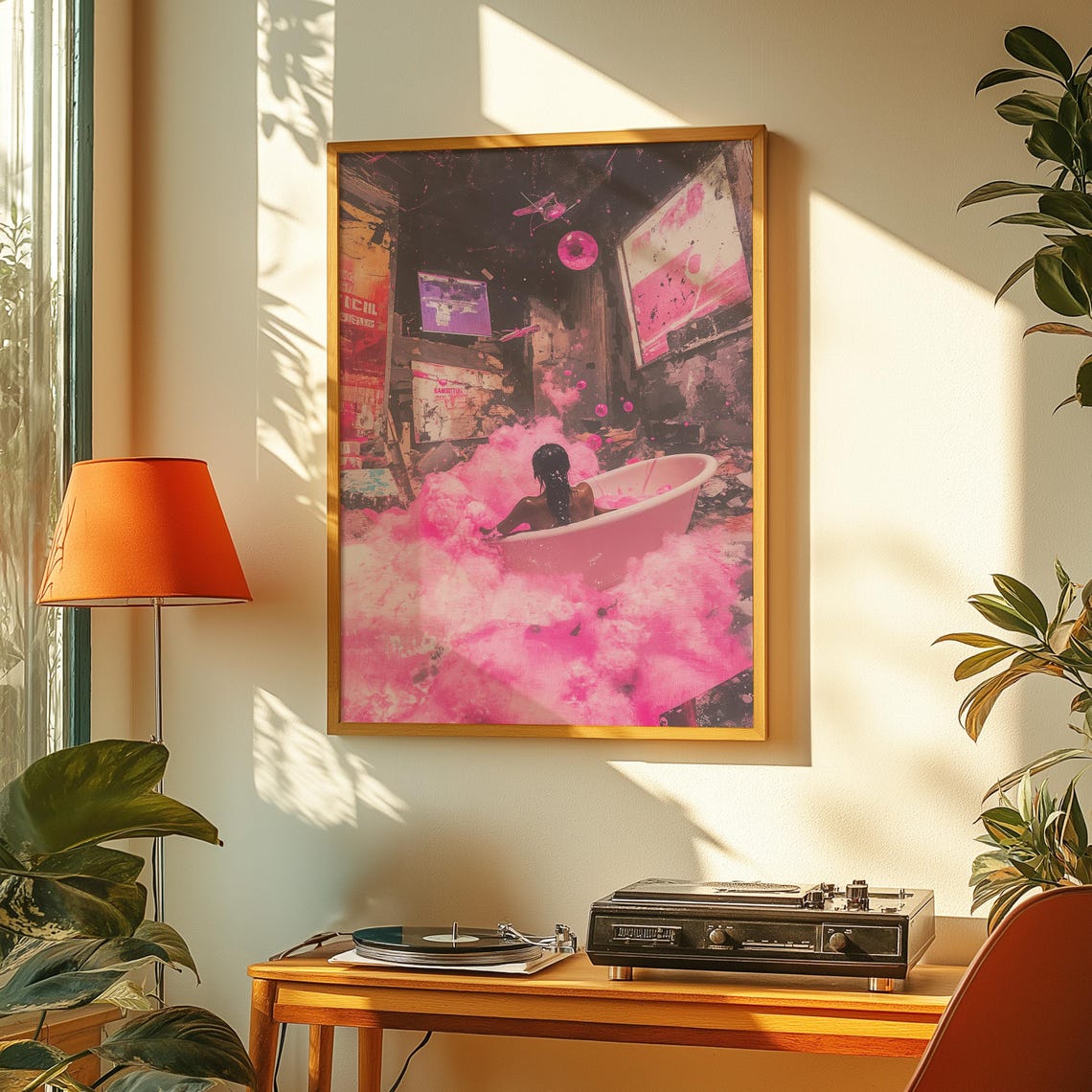 Pink Bath Dreamscape Cyberpunk Woman Neon Urban Fantasy Art Poster - Image 2