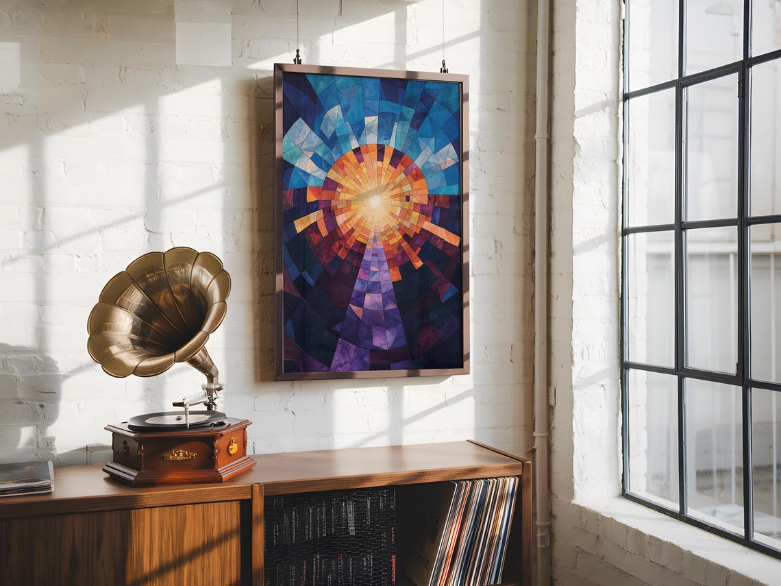 Mosaic Sun Geometric Abstract Blue Orange Stained Glass Art Poster - Image 5