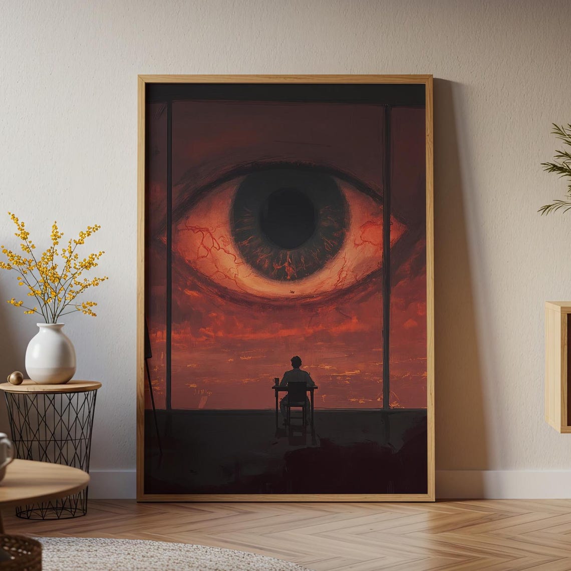 Giant Cosmic Eye Watching Tiny Figure Dark Red Surreal Gaze Poster