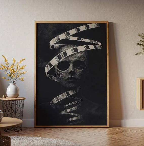 Surreal Film Noir Skull Art Print Dark Horror Cinematic Poster Gothic Black And White Wall