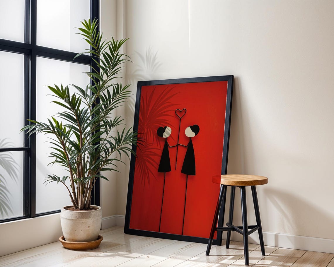Red Background Stylized Couple Heart Modern Love Wall Poster - Image 4