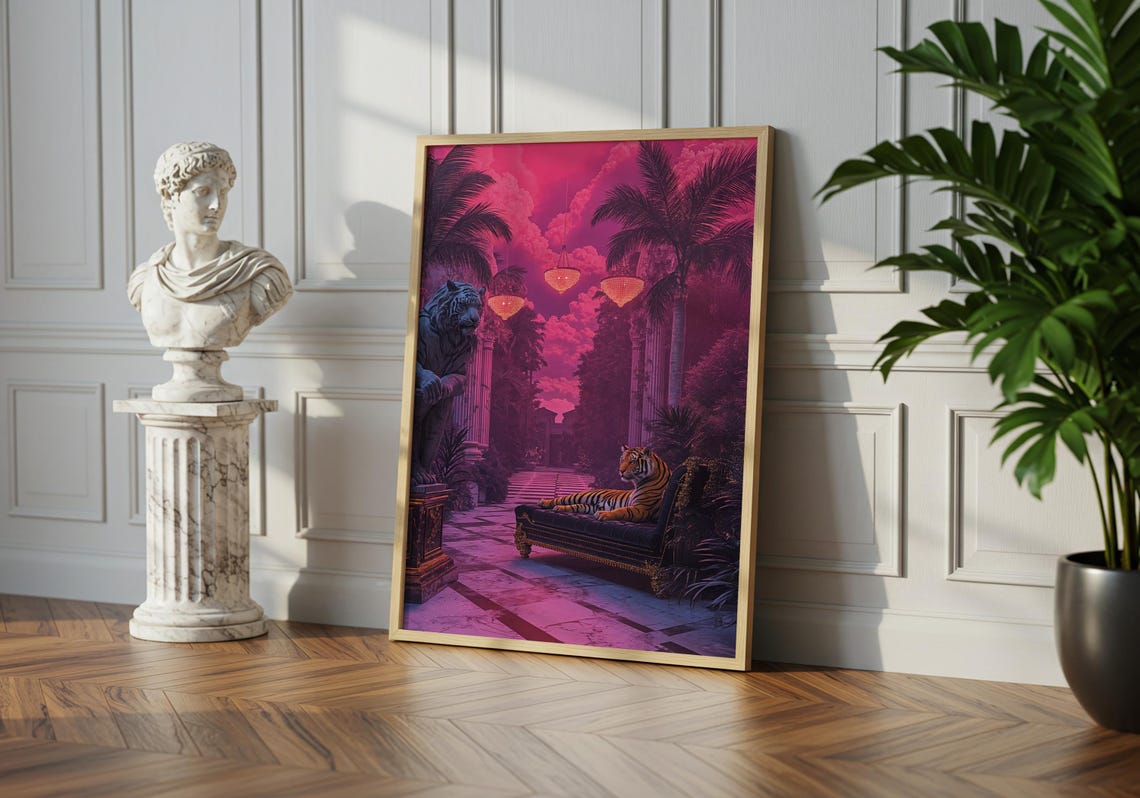 Luxe Tiger Fantasy Art Print Neon Jungle Palace Poster - Image 4