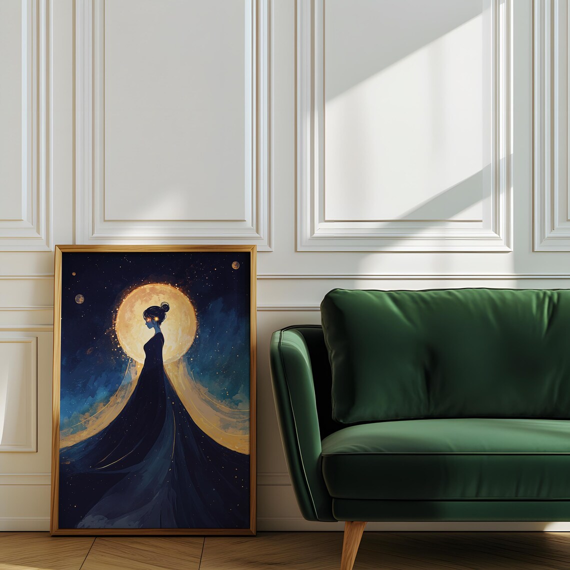 Woman Silhouette Golden Full Moon Flowing Starry Gown Dream Poster - Image 2