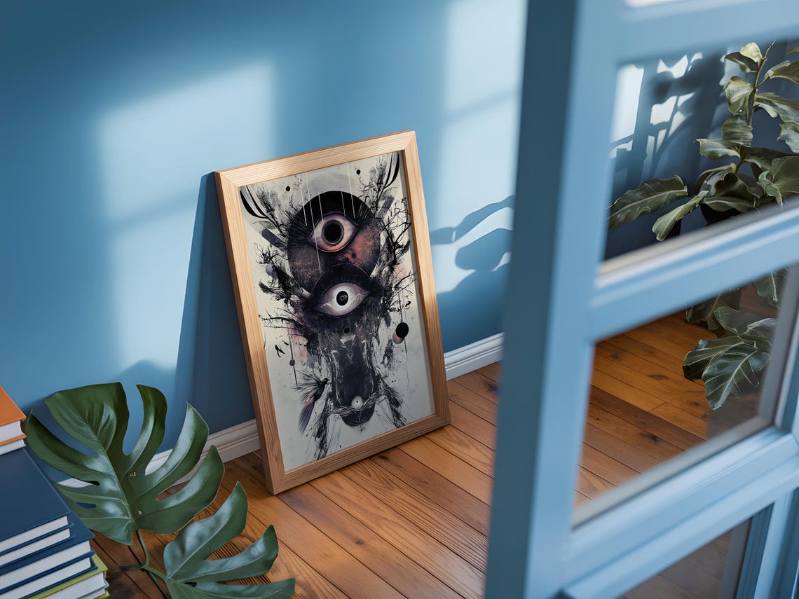 Celestial Eyes Mystical Owl Ink Drawing Dark Fantasy Art Poster - Image 4