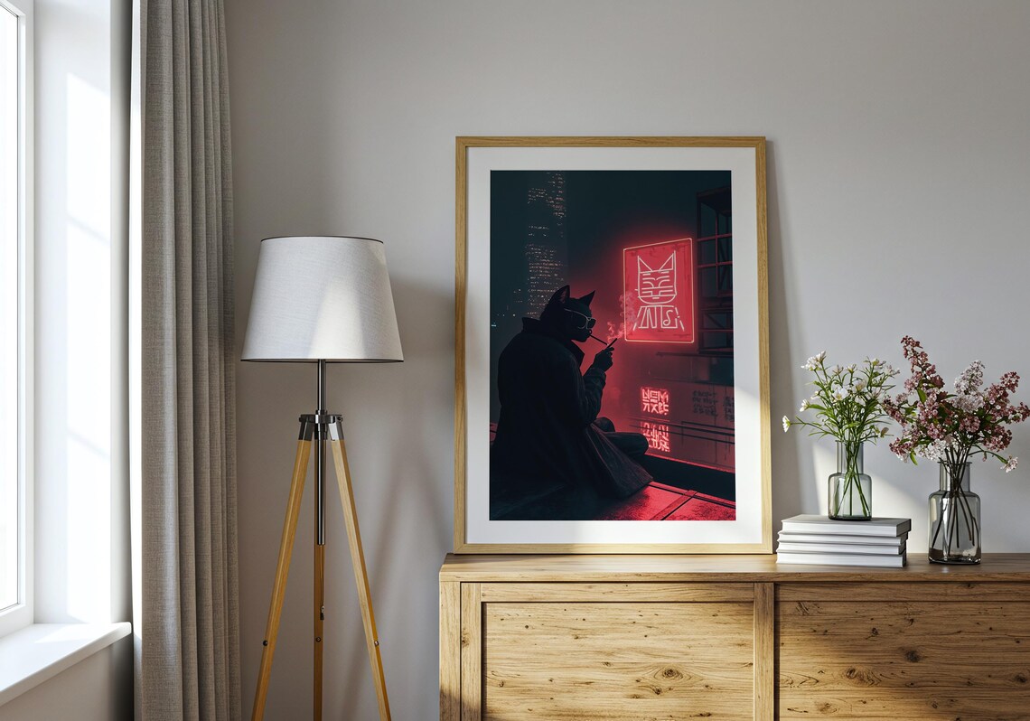 Cyber Noir Cat Detective Neon Sign Red Street Cool Feline Art Poster - Image 3