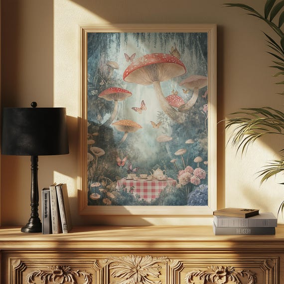 Enchanted Forest Tea Art Print Whimsical Mushroom Scene Fairytale Wonderland Wall