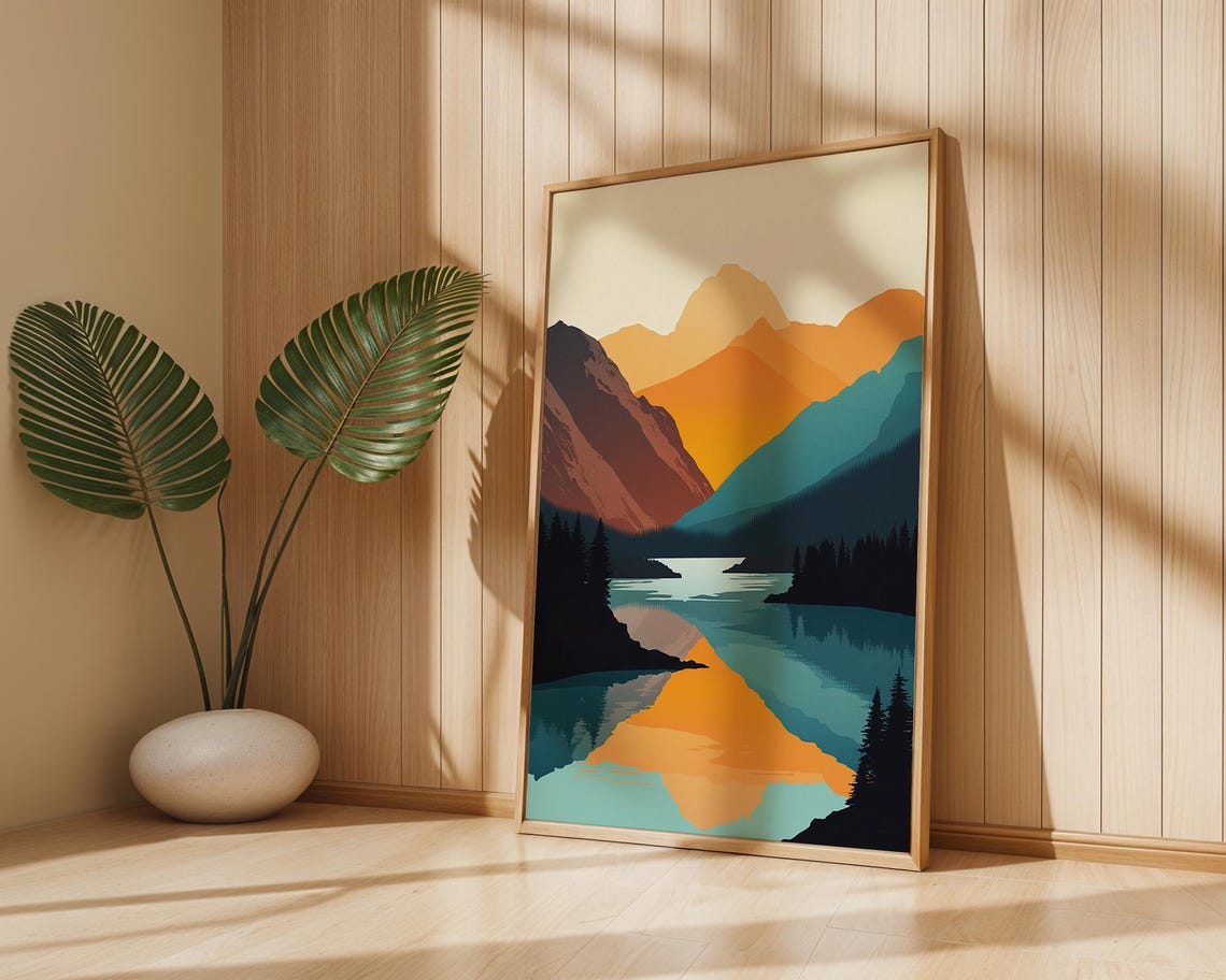 Geometric Mountain Lake Sunset Bold Color Block Modern Poster - Image 5