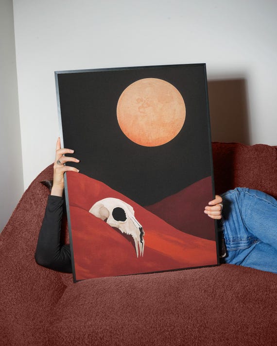 Desert Skull Moon Art Print Eerie Celestial Scene Red Dunes With Wall