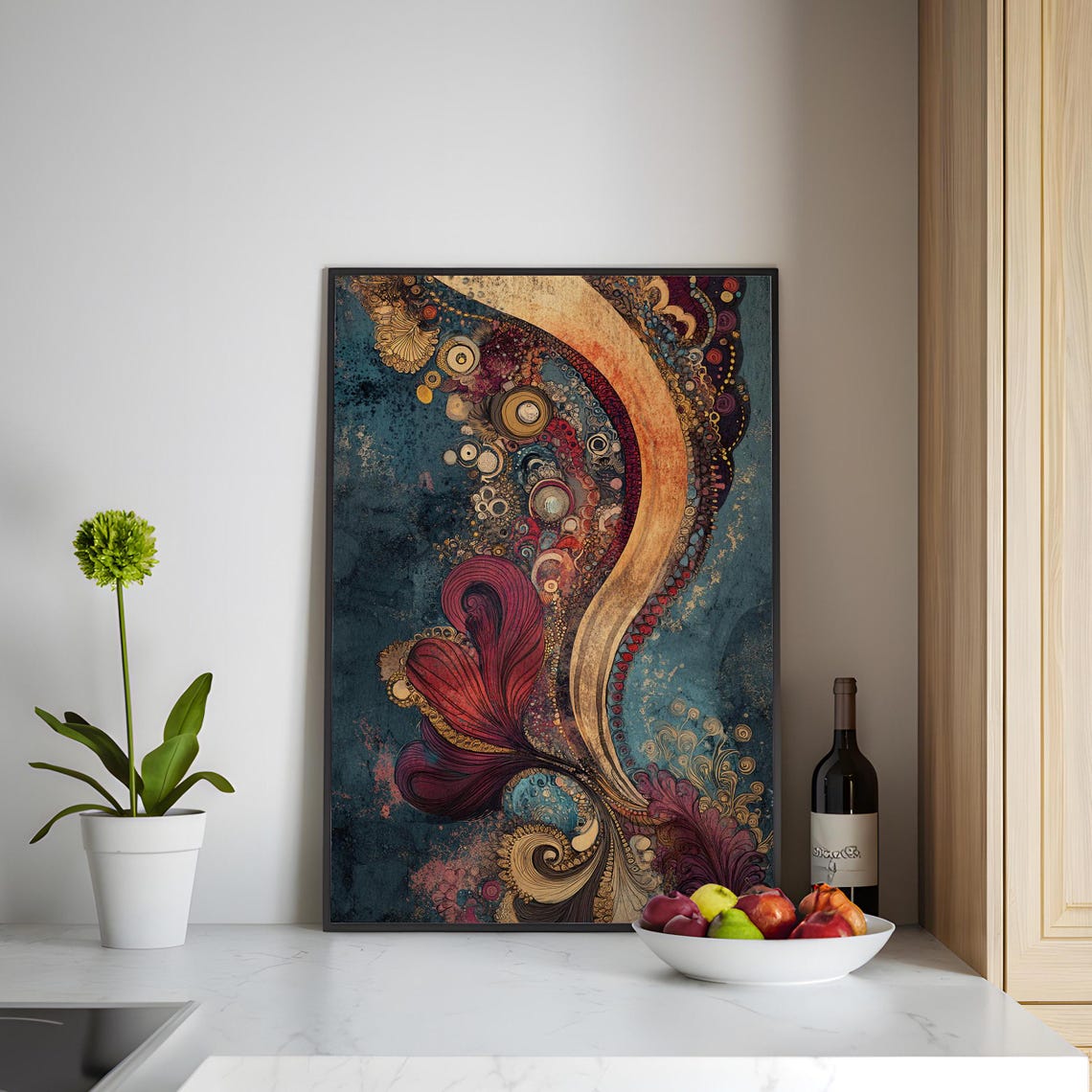 Ornate Copper Crimson Feather Abstract Art Print Teal Texture