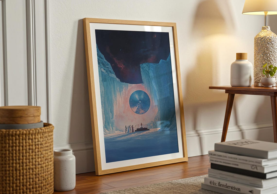 Sci Fi Ice Canyon with Glowing Blue Portal and Tiny Figures Poster - Image 3