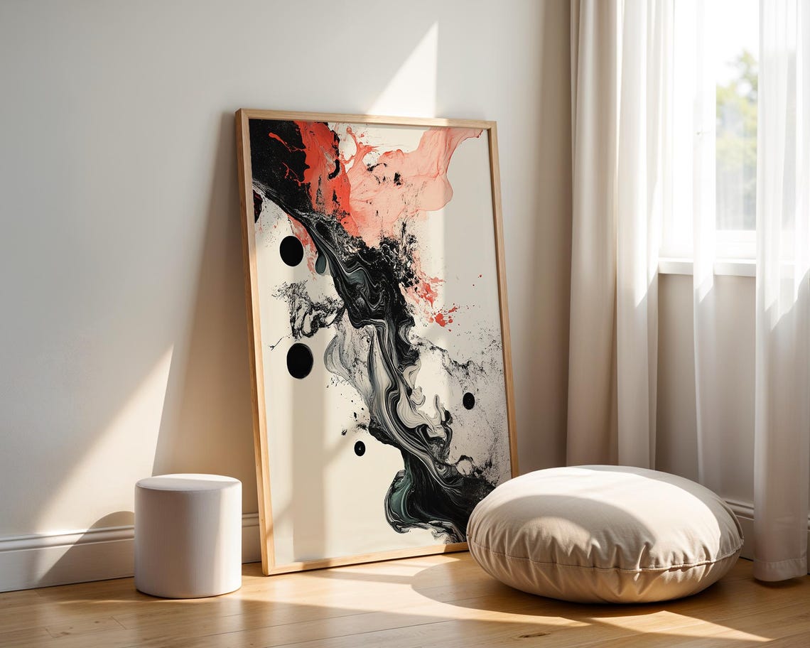 Abstract Ink Fluid Black Red Minimalist Modern Ink Wash Art Print - Image 2