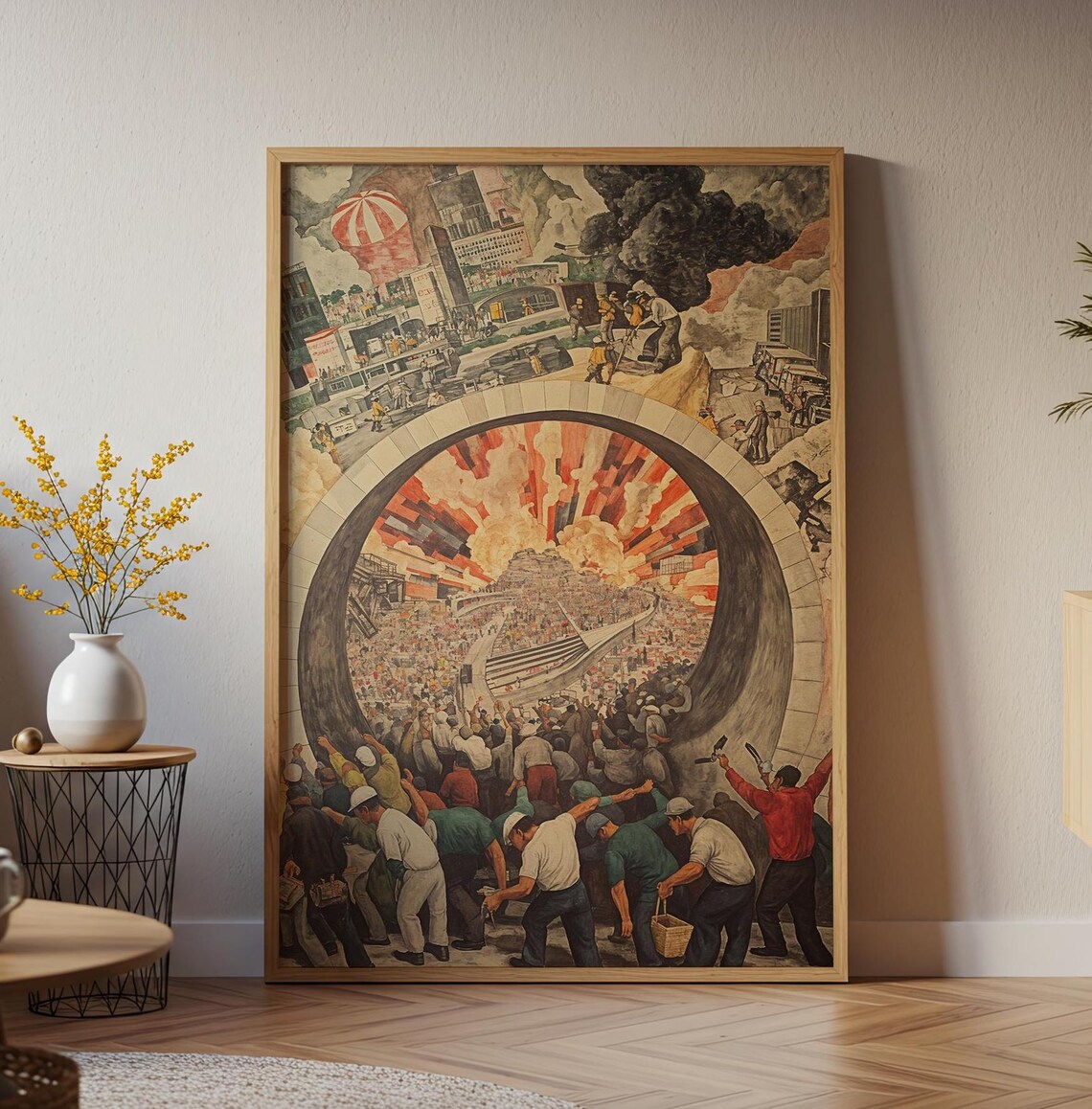Industrial Workers Revolution Mural Style Labor Crowd Rising Sun Vintage Wall Art
