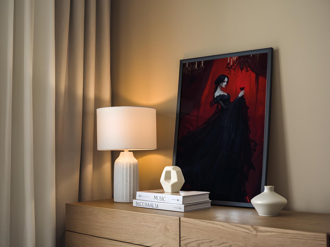 Gothic Lady Black Gown Red Curtain Wine Glass Romance Art Poster - Image 2