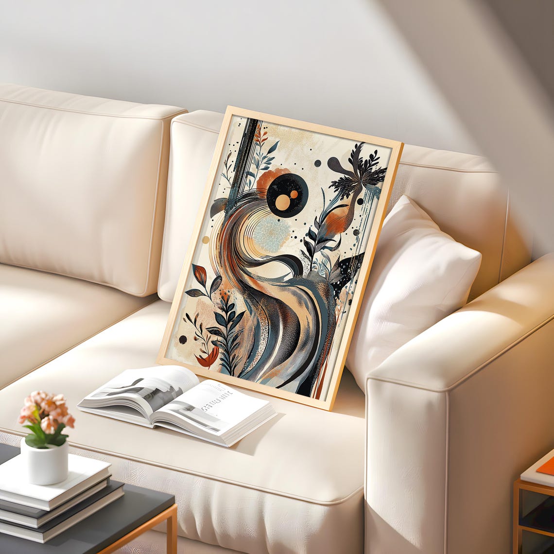 Swirling Wave Botanical Abstract Art Print Black Copper Moon - Image 2