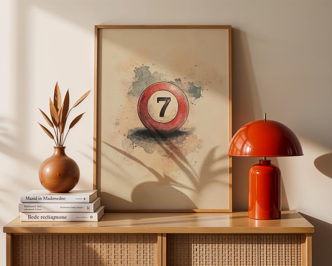 Number Seven Pool Ball Watercolor Billiards Game Room Wall Poster