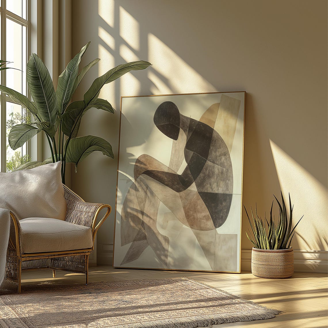 Cubist Figure In Thought Neutral Beige Abstract Seated Form Art Poster - Image 3