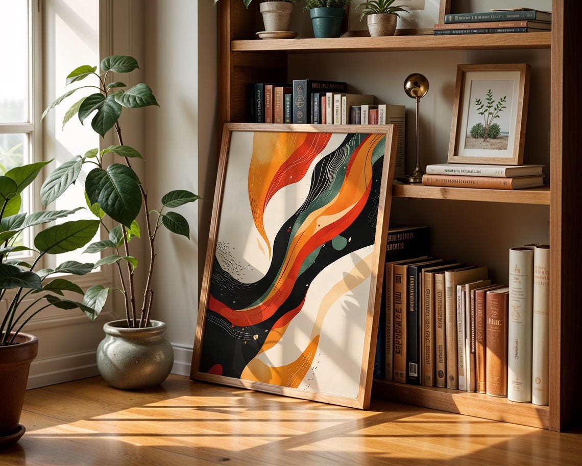 Modern Abstract Flow Warm Orange Ribbons Black Cream Boho Art Poster - Image 3