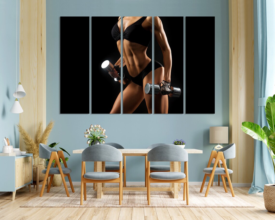 Strong Woman Holding Dumbbells Black Background Fitness Art Poster - Image 3