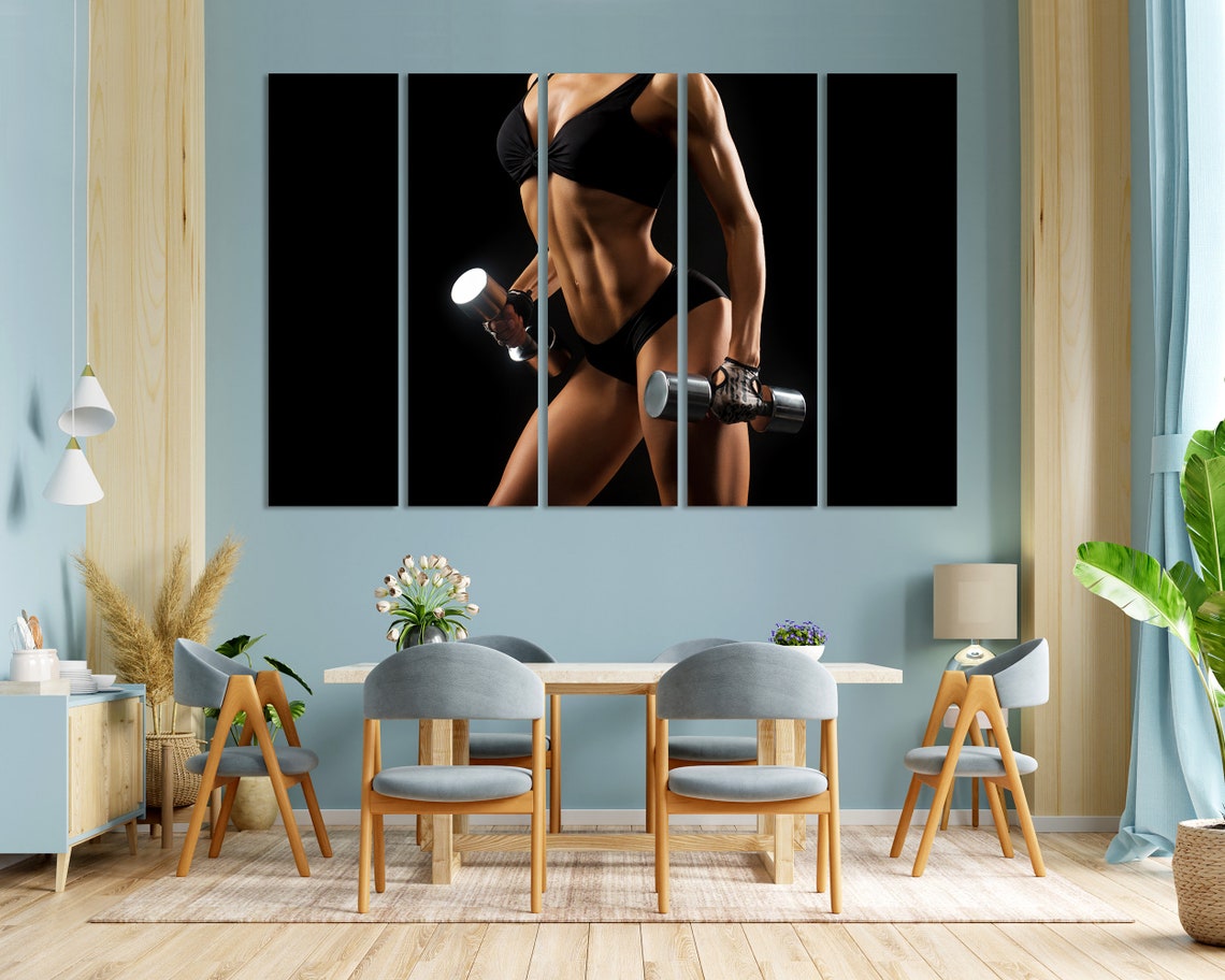 Women With Dumbbells Wall Decoration Gym Modern Art Wall Fitness Motivational Art Wall Woman Body Art On Dumbbells Photo Decor - Image 3