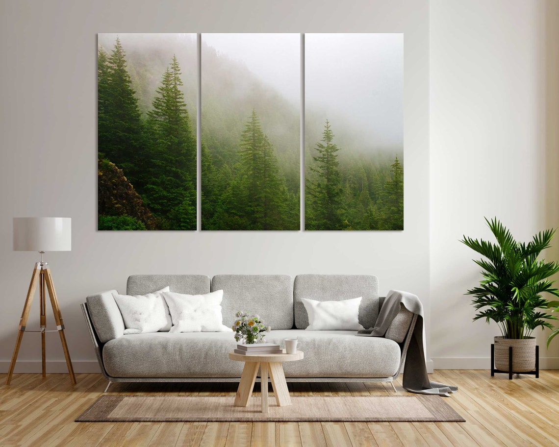 Foggy Green Pine Forest Mountains Mist Three Panel Nature Poster