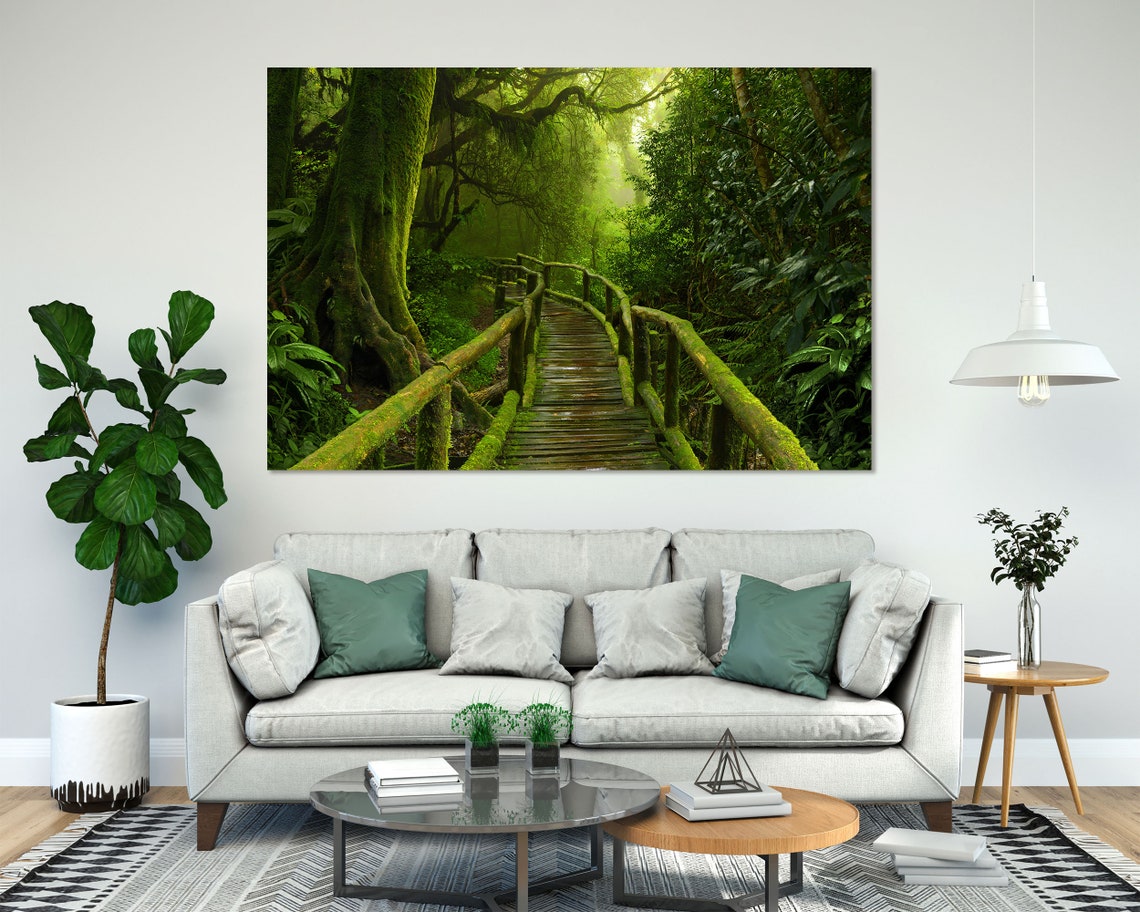 Tropical Green Jungle Forest With Mossy Wooden Bridge Art Print