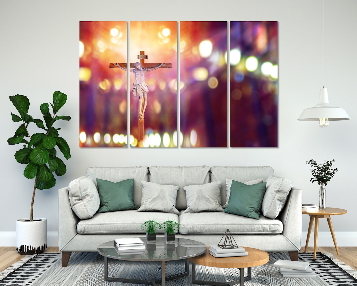 Jesus Christ on the Cross in Church Warm Bokeh Christian Art Poster - Image 8