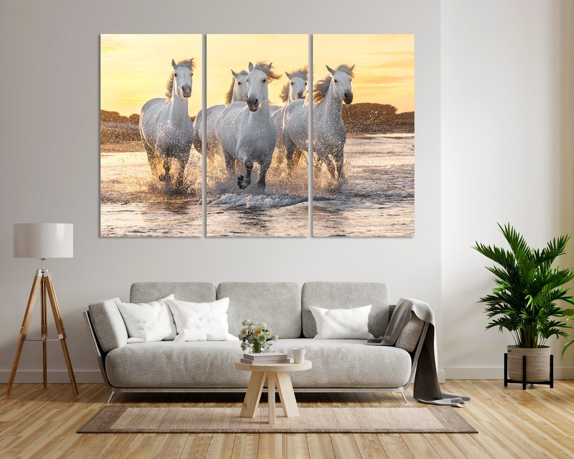 White Horses Galloping Through Water at Golden Sunset Horse Poster - Image 8