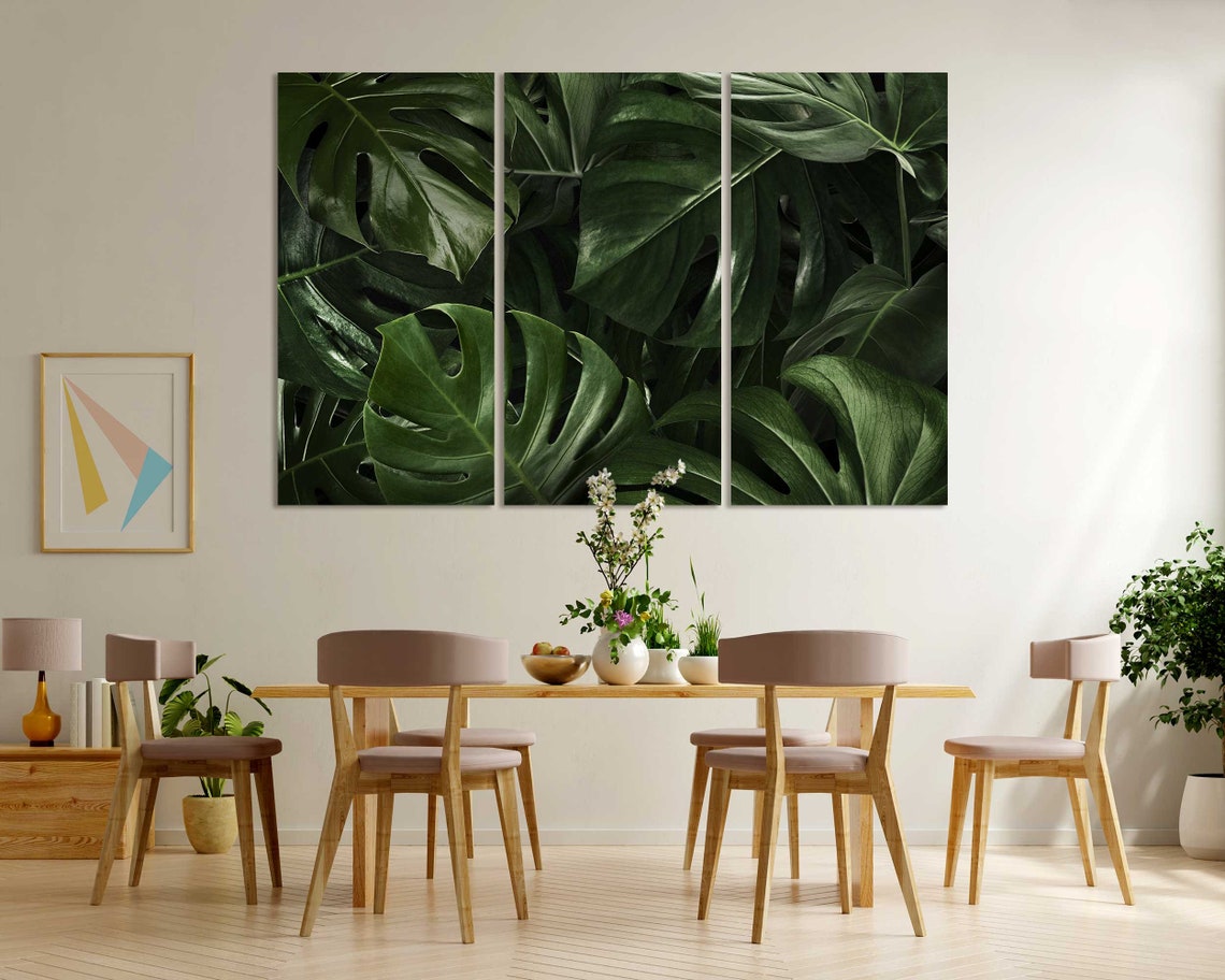 Dark Green Monstera Leaves Lush Tropical Foliage Botanical Wall Print