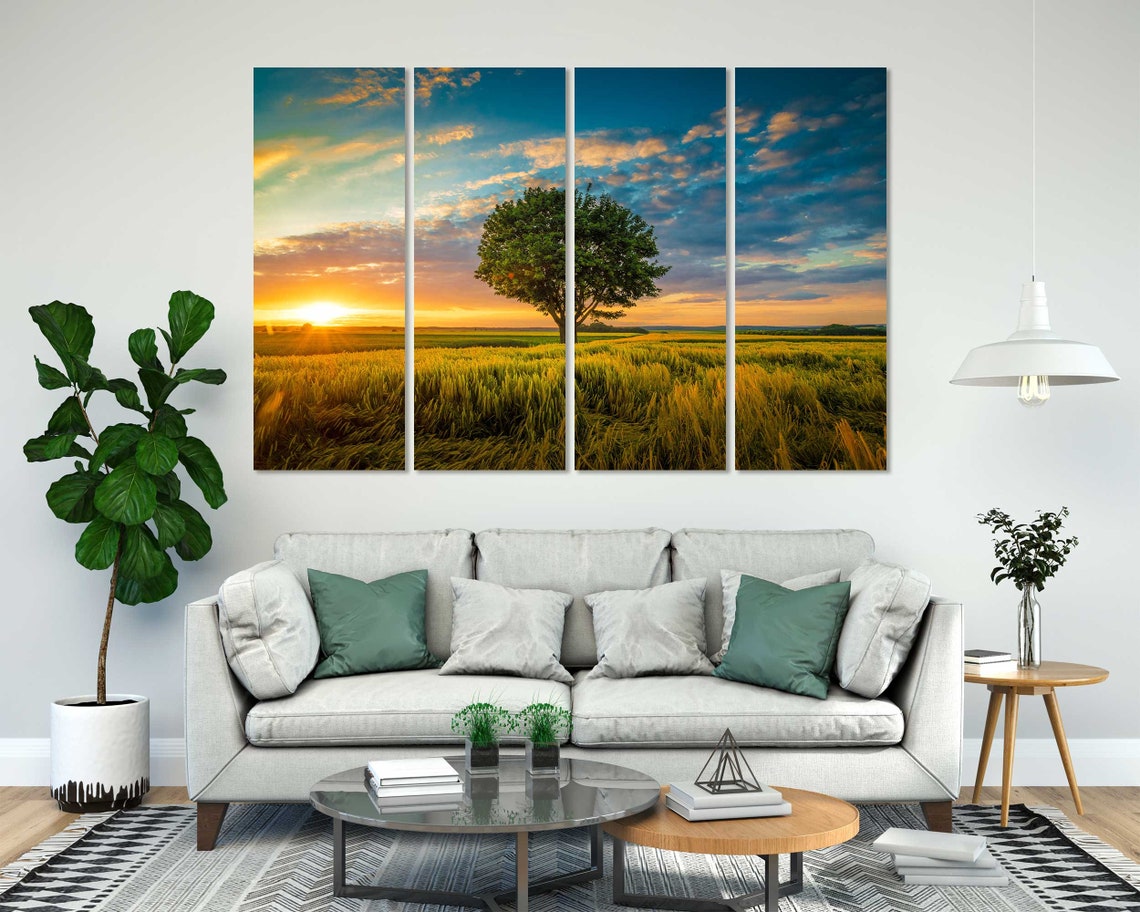 Lone Tree Golden Wheat Field Sunset Dramatic Clouds Nature Poster - Image 7