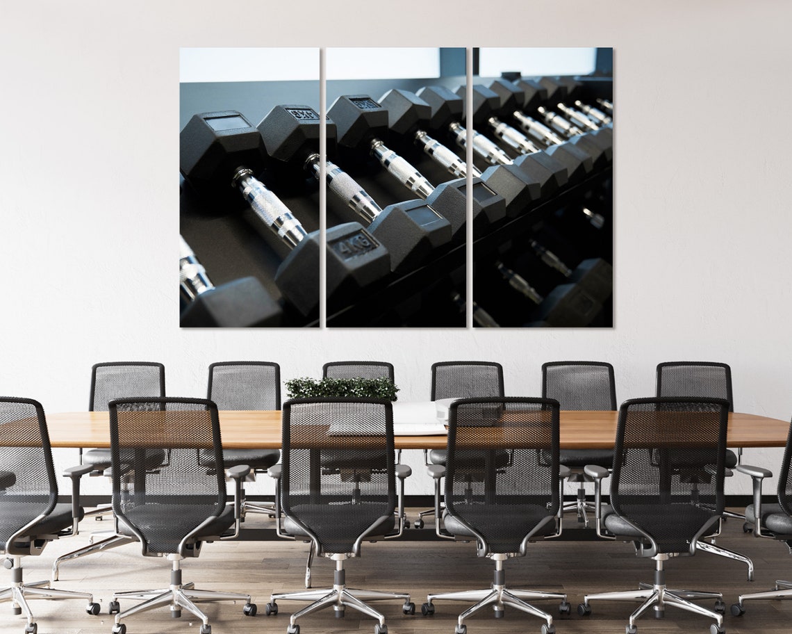 Black Dumbbells on Gym Rack Triptych Powerlifting Fitness Poster