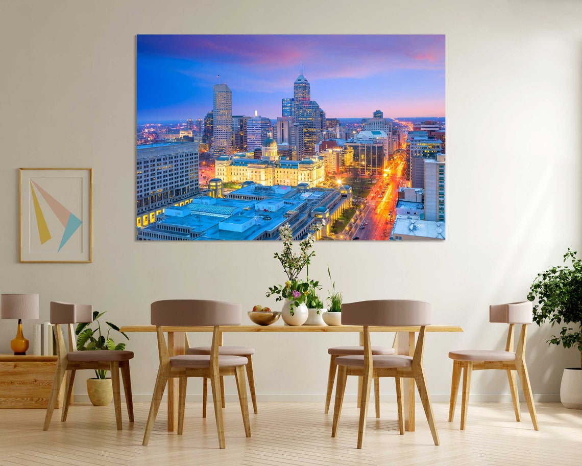 Indianapolis Skyline Sunset Downtown Indiana City Lights Travel Poster