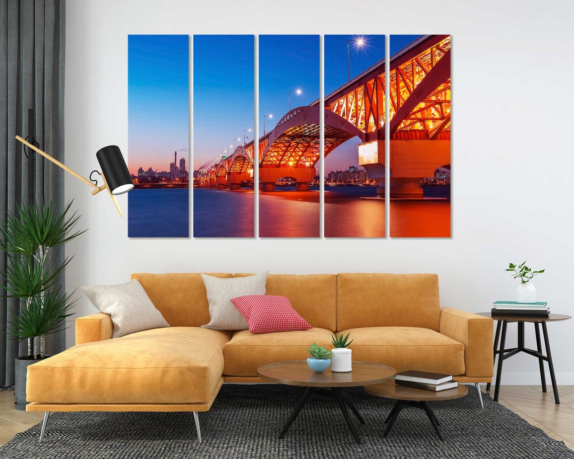 Seoul Seongsan Bridge At Twilight Orange Lights Han River Poster - Image 5