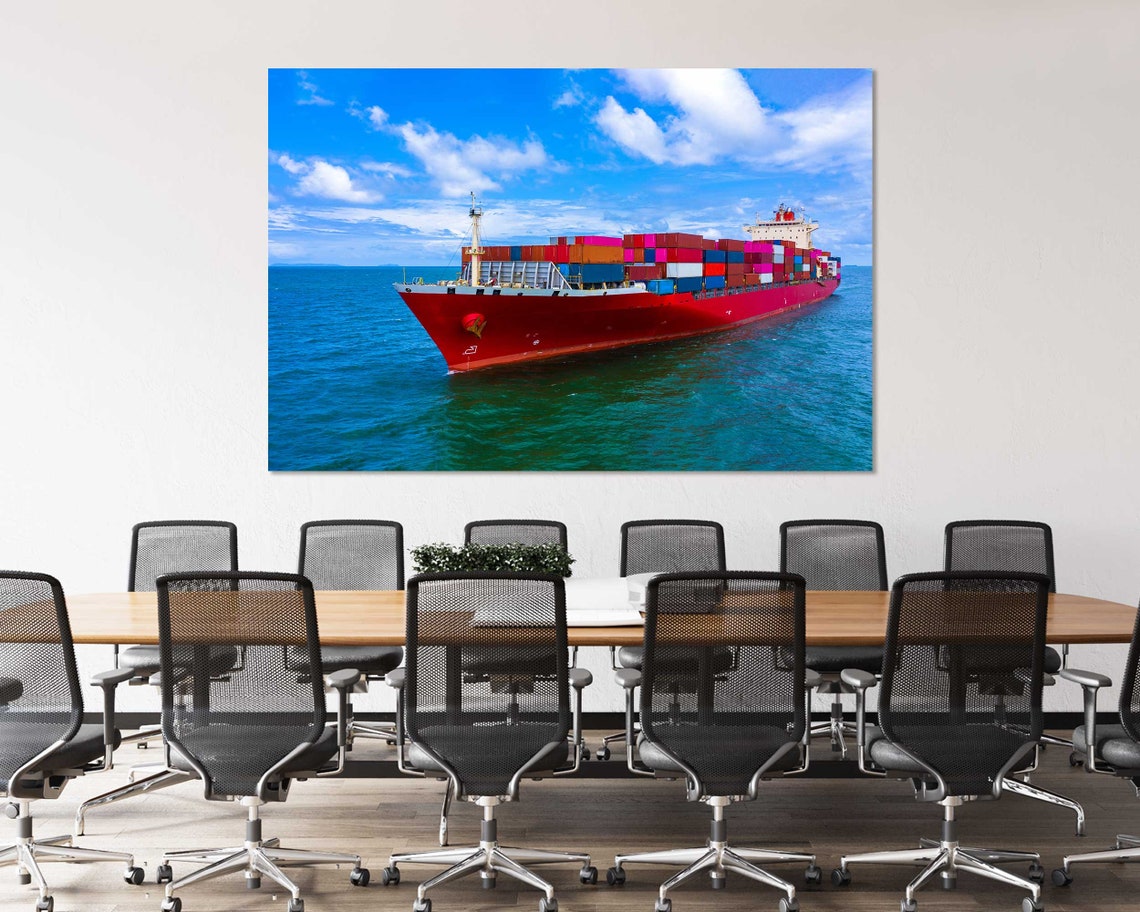 Red Container Cargo Ship Sailing Blue Ocean Quadriptych Sea Art Poster - Image 4