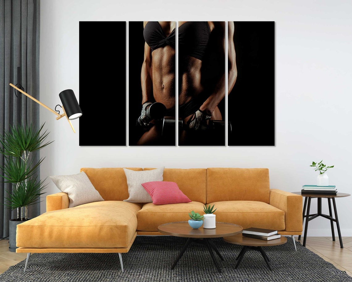 Fitness Woman With Perfect Body Holding Dumbbells Printing Art On Gym Modern Artwork Fitness Wall Art Woman Body Art On - Image 5