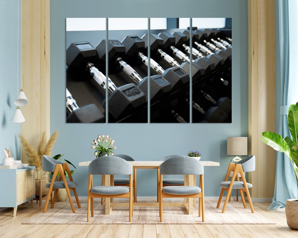 Black Dumbbells on Gym Rack Triptych Powerlifting Fitness Poster - Image 3