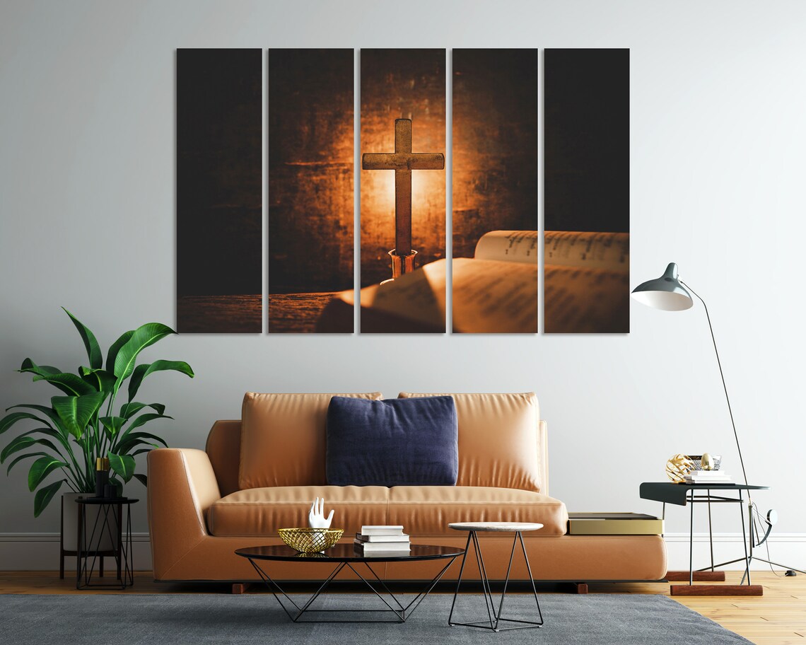 Wooden Cross Standing On Open Bible Warm Candlelight Glow Spiritual Poster - Image 7