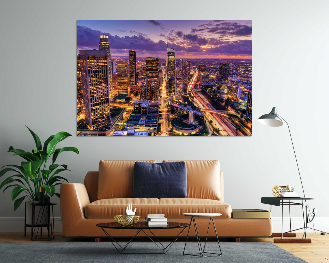 Downtown Los Angeles Night Skyline With City Lights Aerial View Poster