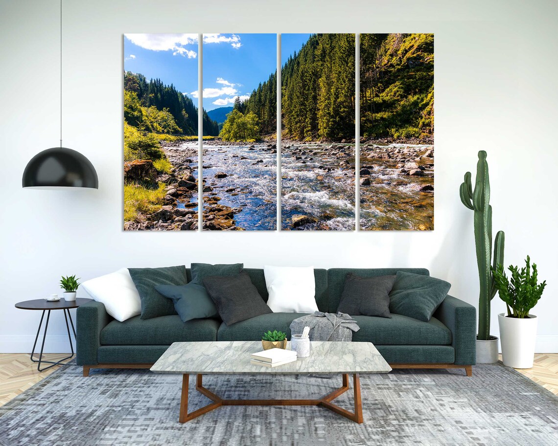 Sunny Landscape For Wall Mountains River Painting On Green Forest Picture Art For Wall Mountain Landscape Printing - Image 2