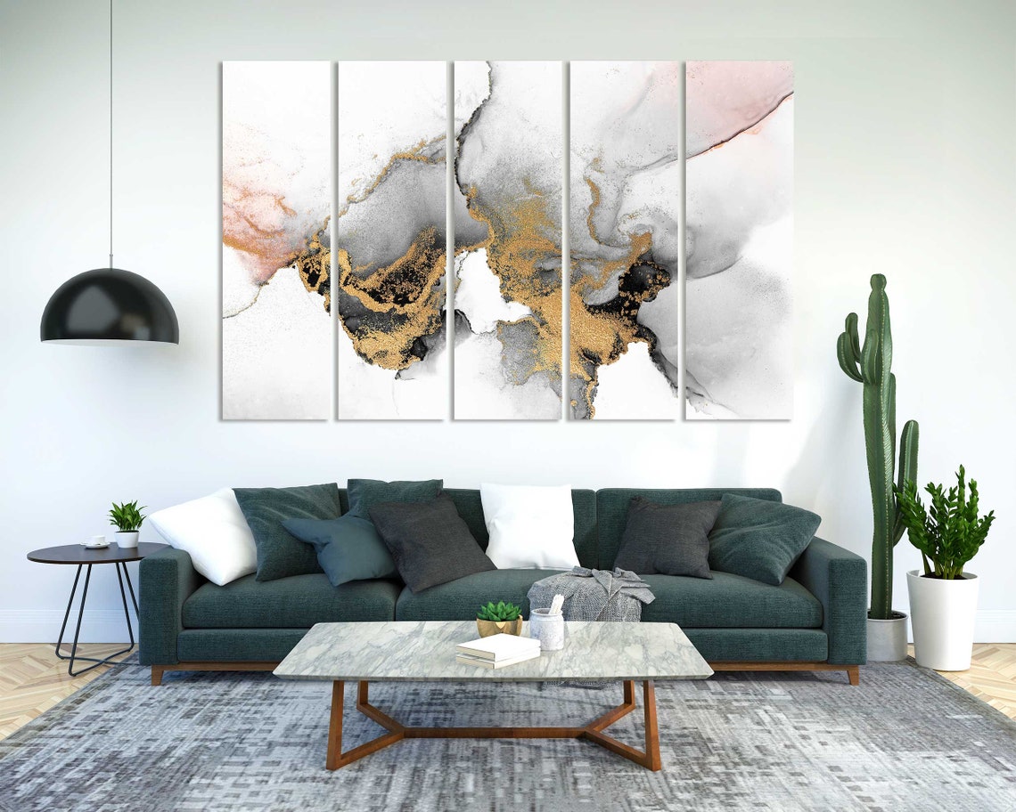 White Gray Gold Marble Abstract Watercolor Three Panel Modern Wall Art - Image 2
