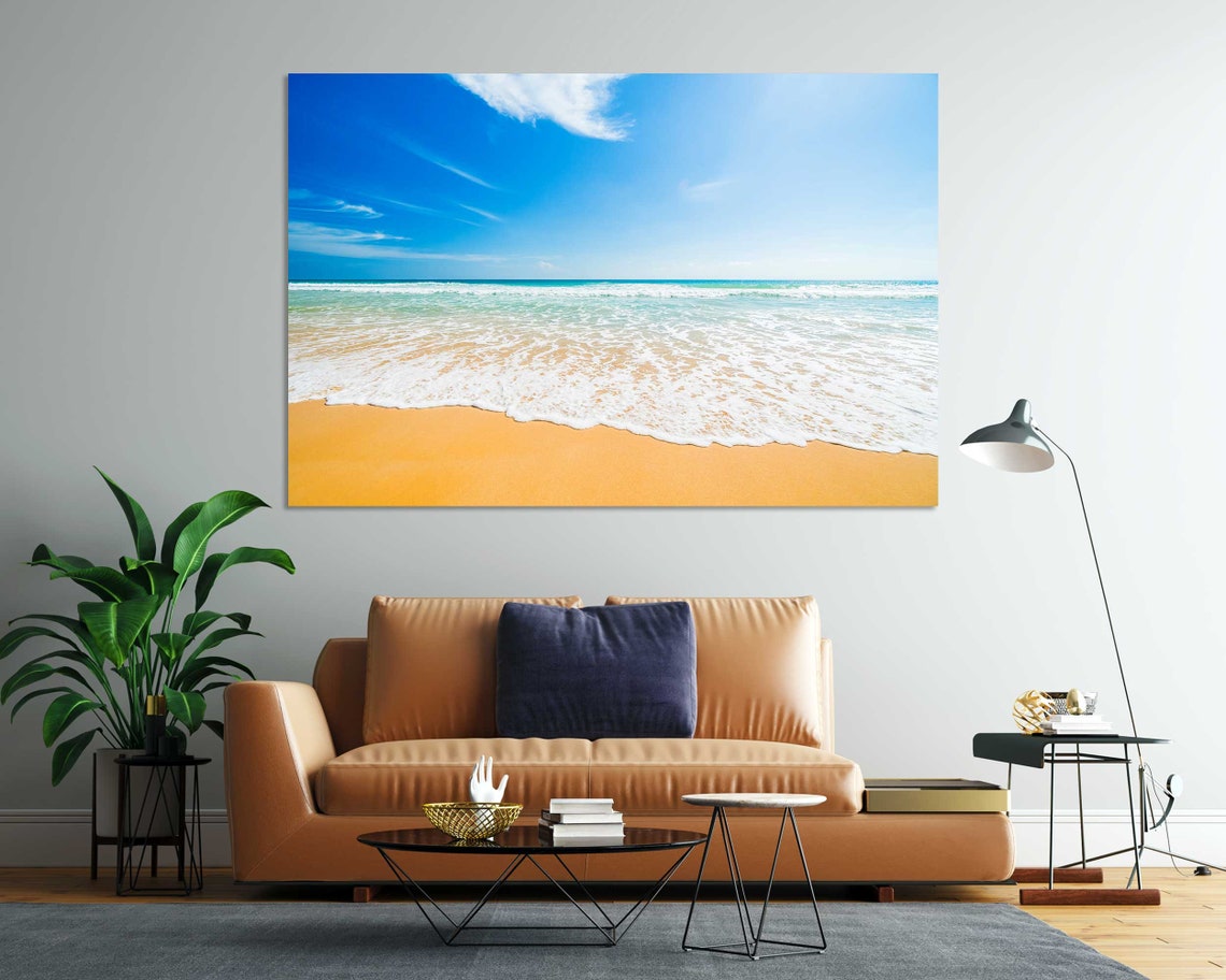 Sunny Beach Golden Sand White Ocean Waves Blue Sky Travel Poster