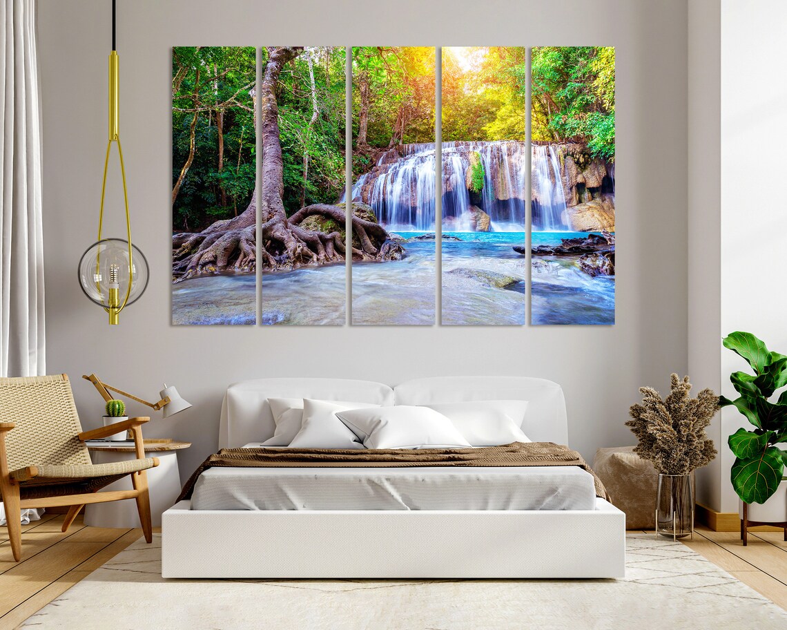 Forest Waterfall With Emerald Pool In Nature Home Decoration Forest River Wall Painting Waterfall Print Sets Green Forest Wall Art - Image 6