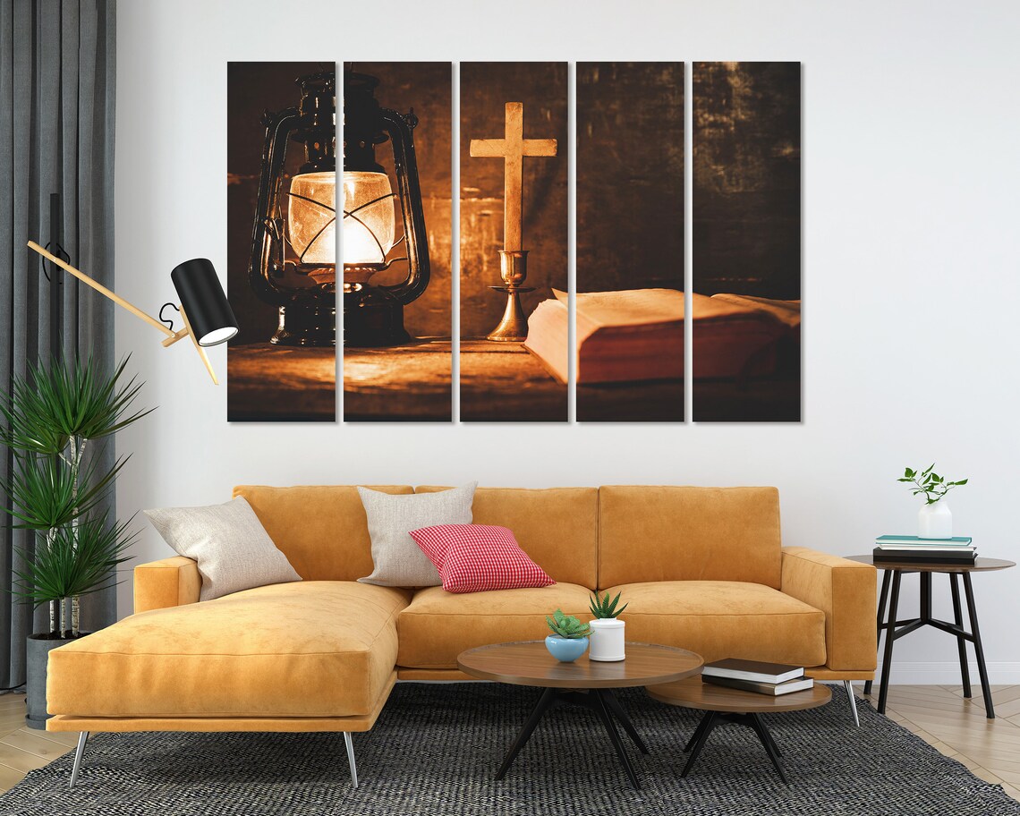 Kerosene Lantern Wooden Cross And Open Bible Warm Light Spiritual Poster - Image 5