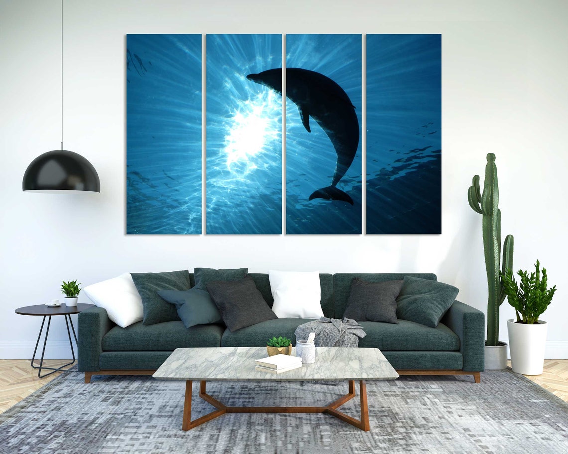 Dolphin Silhouette Leaping Under Sunbeams Ocean Blue Wall Poster - Image 2