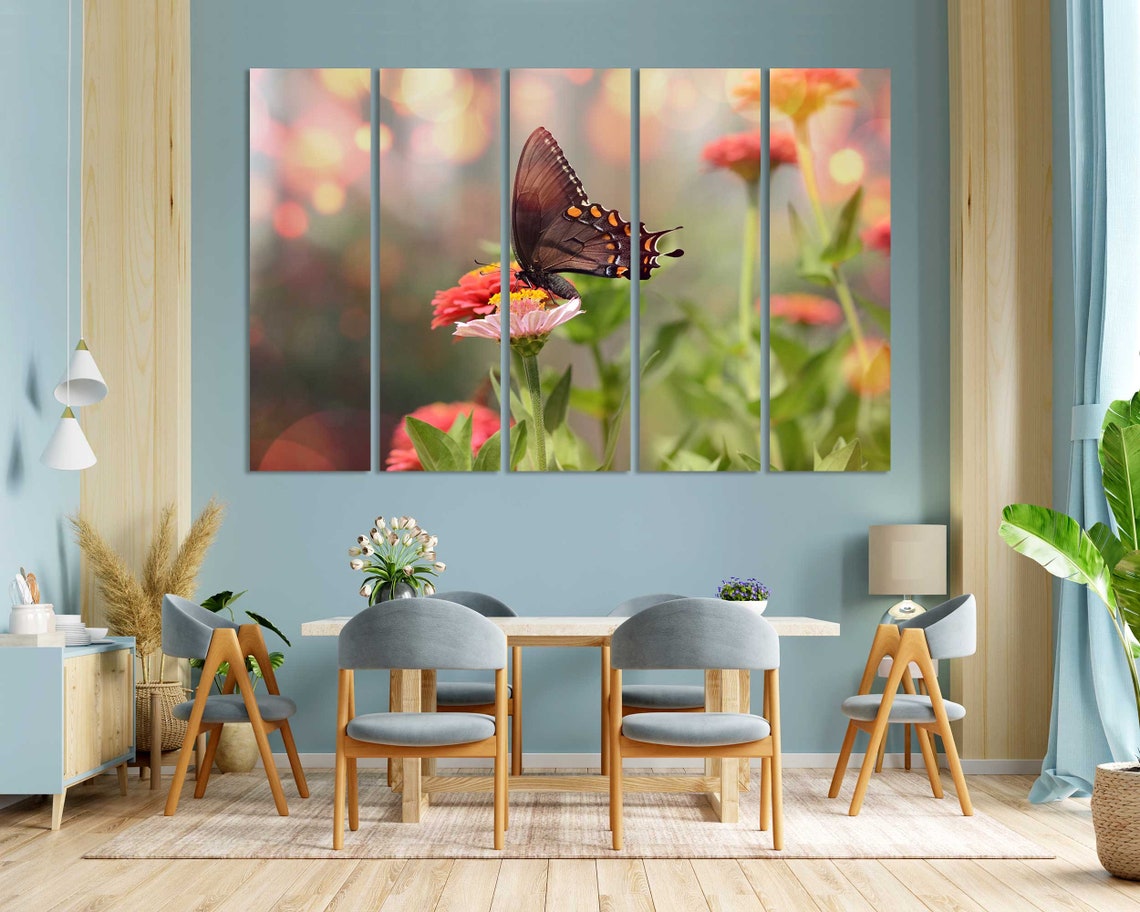 Dark Brown Butterfly On Pink Zinnia Flowers Bokeh Garden Wall Art - Image 2