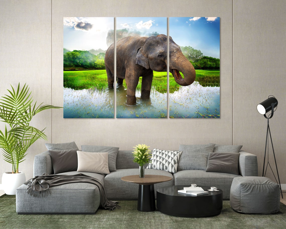 Asian Elephant Standing in Pond Green Field Mist Wildlife Poster - Image 8
