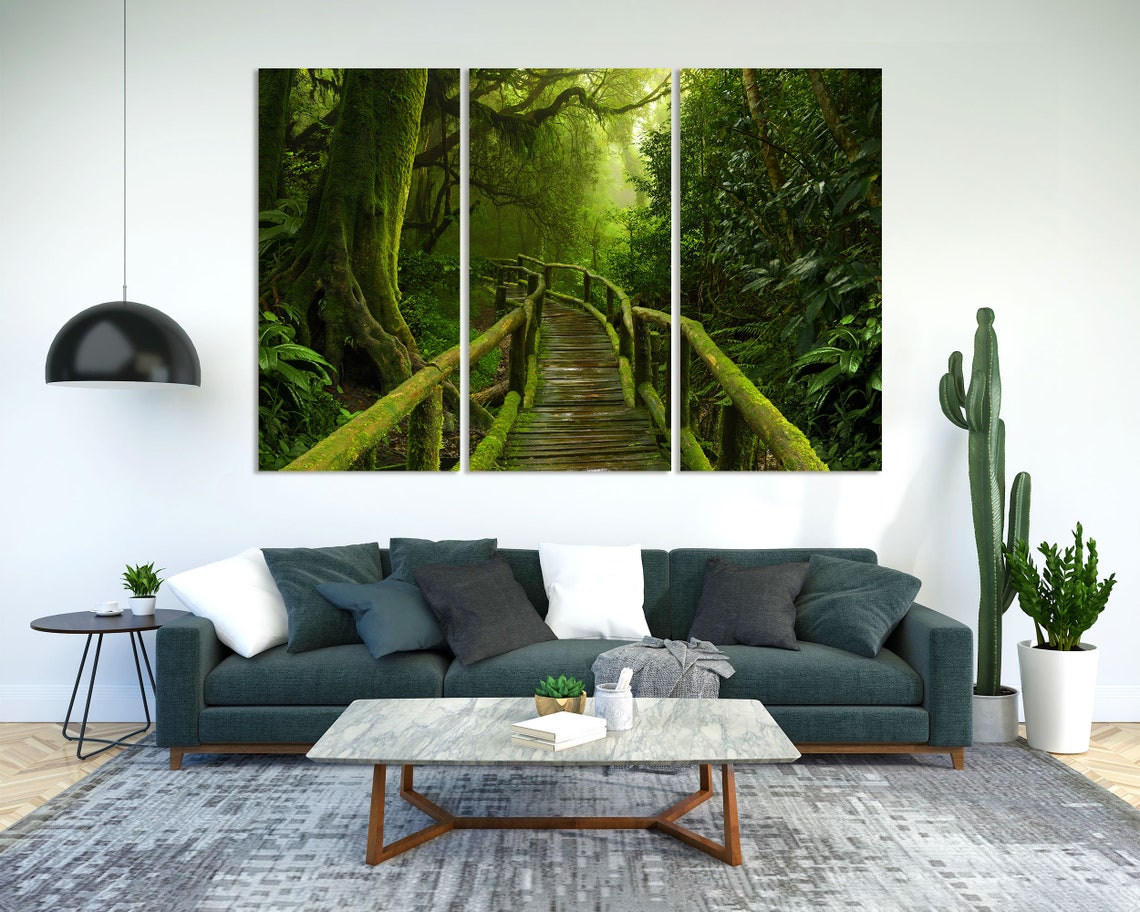 Tropical Green Jungle Forest With Mossy Wooden Bridge Art Print - Image 2