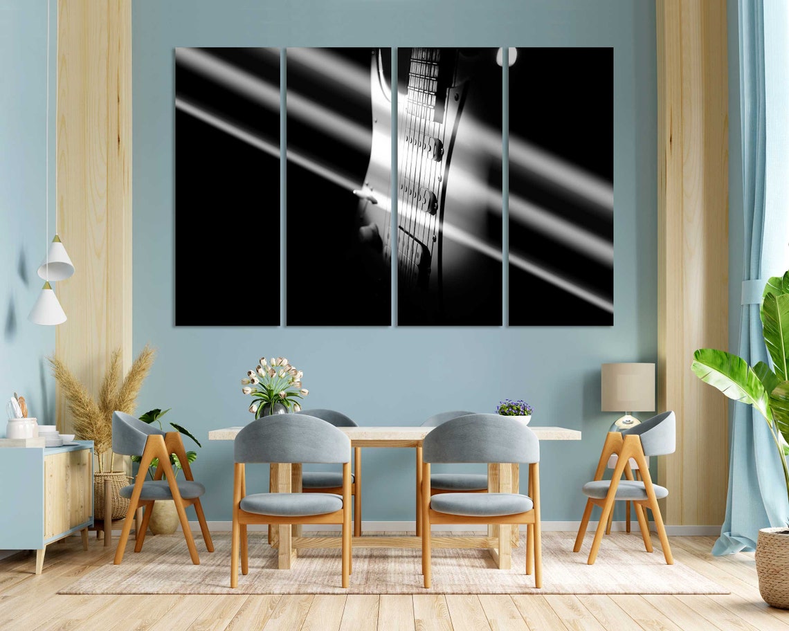 Black White Electric Guitar Sunbeam Rays Music Lover Wall Decor Poster - Image 3