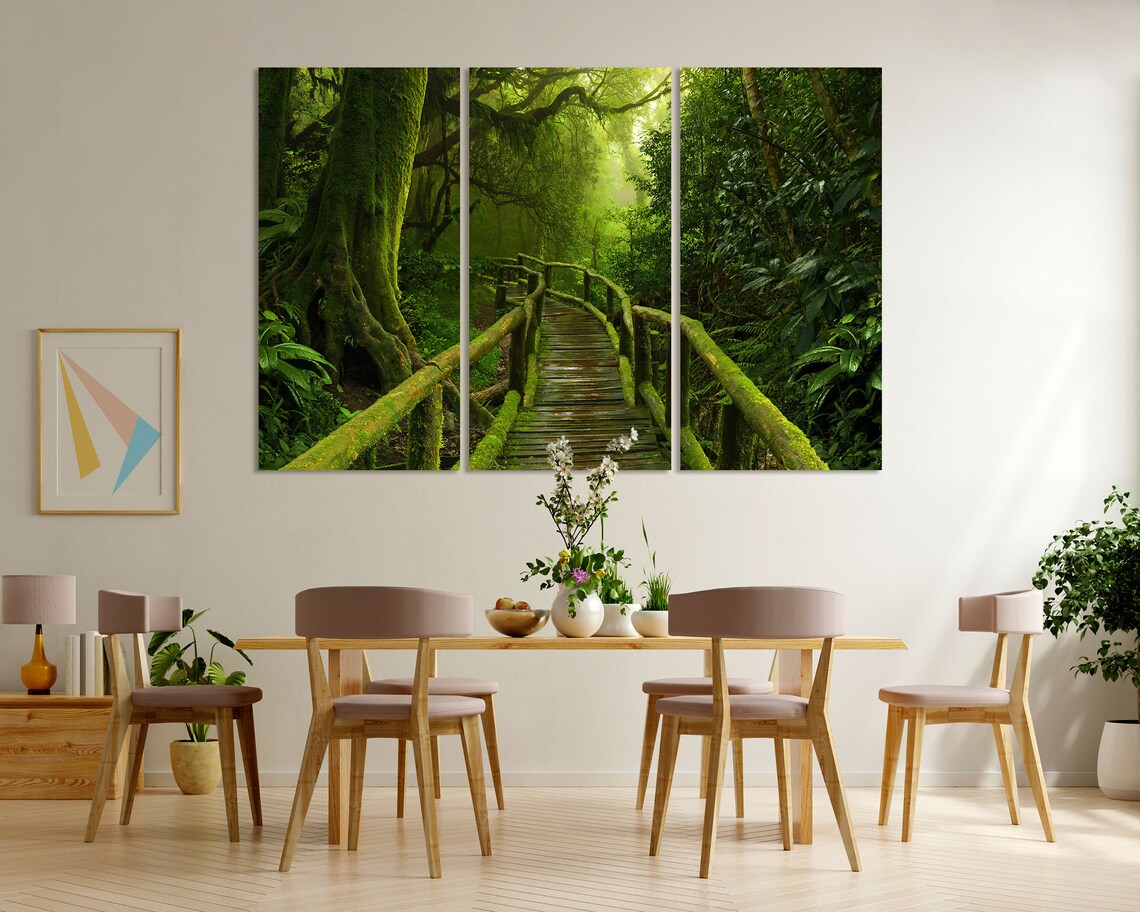 Tropical Green Jungle Forest With Mossy Wooden Bridge Art Print - Image 6