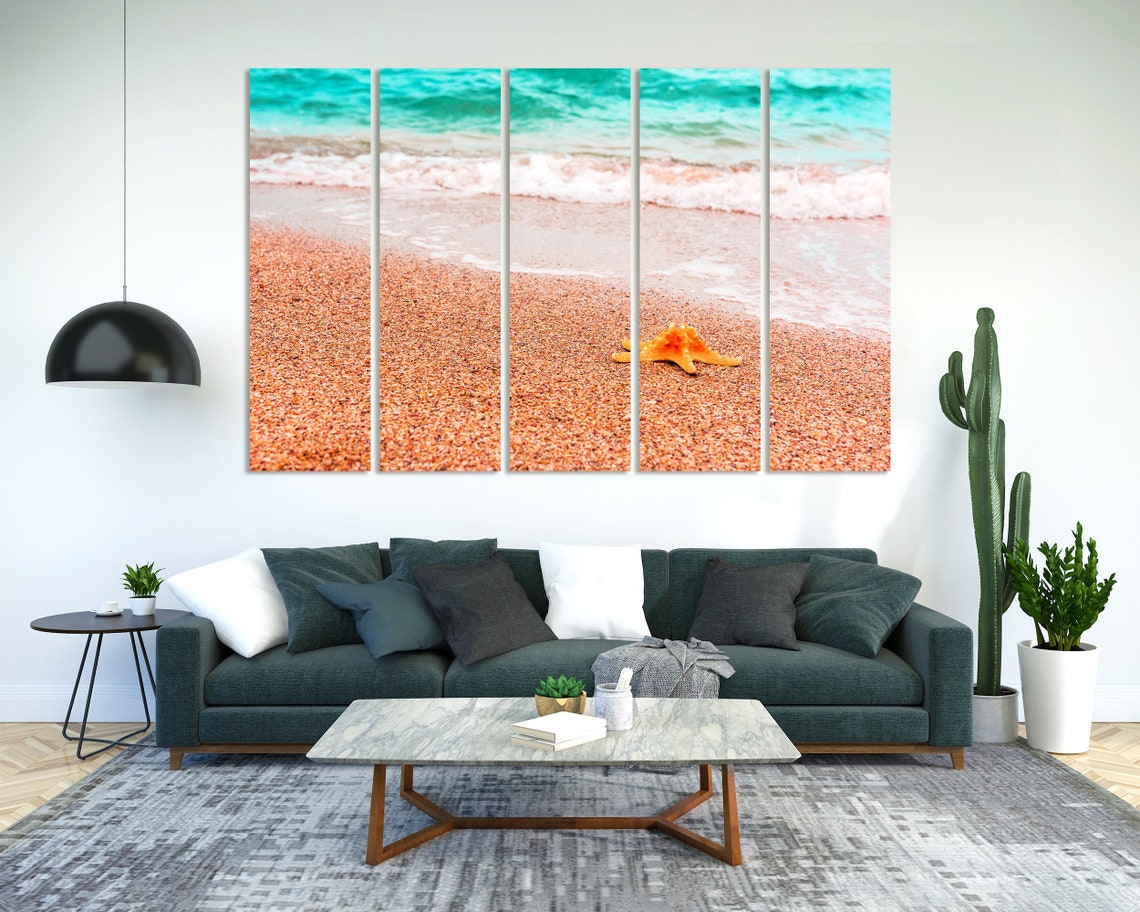 Orange Starfish On Sandy Beach Turquoise Sea Waves Summer Poster - Image 2